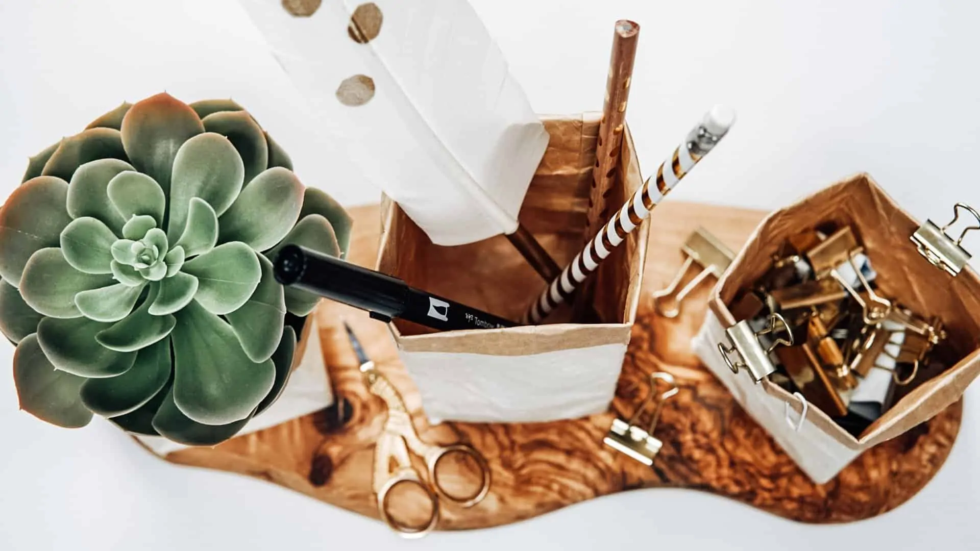 Milchtüten Upcycling Endergebnis näher fotografiert mit Schreibtischutensilien und einer Pflanze